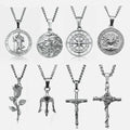 18k Gold Plated Crucifix Cross Necklace Compass North Star Pendant Cuban Link Necklace Jewelry Stainless Steel Trident Necklace