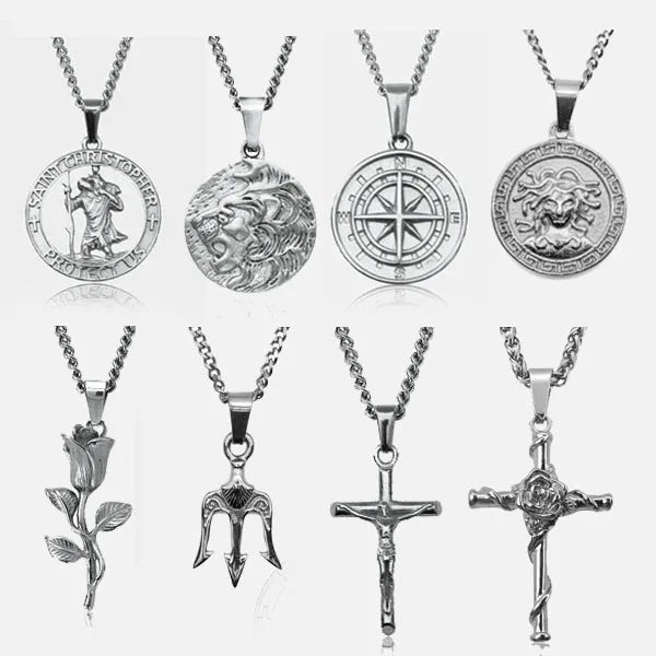 18k Gold Plated Crucifix Cross Necklace Compass North Star Pendant Cuban Link Necklace Jewelry Stainless Steel Trident Necklace