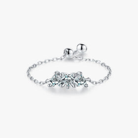 925 Sterling Silver Fashion Fine Jewelry Sparkling Three Stone Heart Clear Cubic Zirconia Adjustable Link Chain Rings for Women
