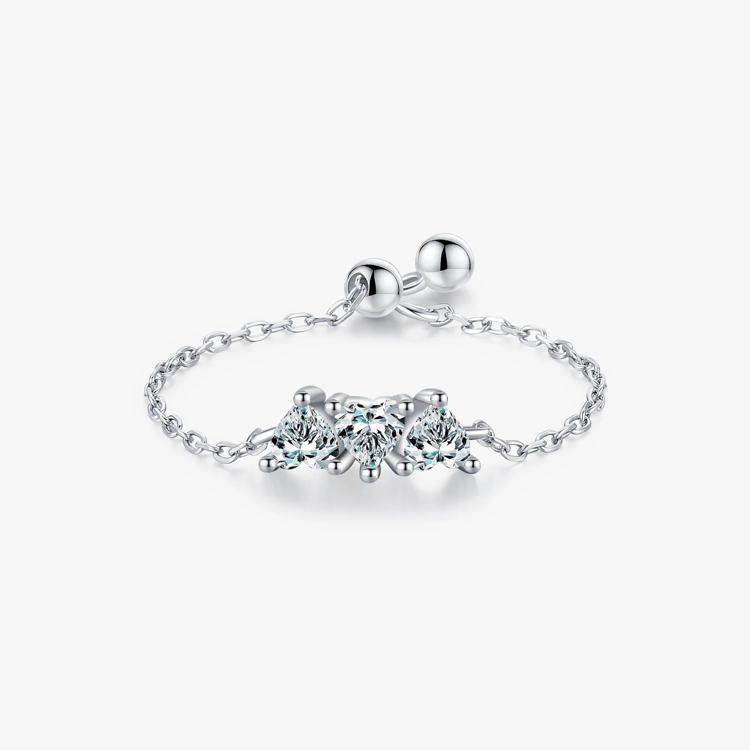 925 Sterling Silver Fashion Fine Jewelry Sparkling Three Stone Heart Clear Cubic Zirconia Adjustable Link Chain Rings for Women