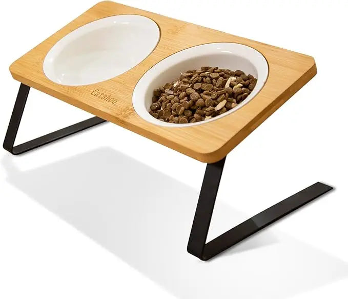 High-Legged All-Bamboo 15 Inclined Portable Waterproof Cat Food and Water Bowl for Cats Small Dogs Food Safety Grade Material