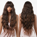Factory Inventory 30 Inches Long Water Wave Chestnut Brown Synthetic Wigs Ombre Brown Wigs with Bangs for Women