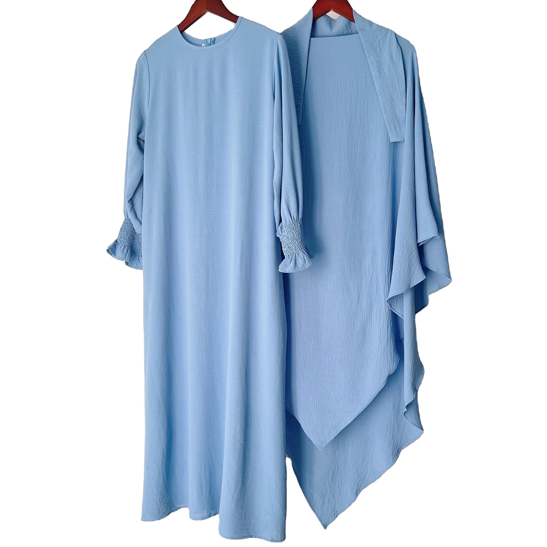Total 16 Colors Available Plain Simple Style Elastic Cuff Eid Fashion Muslim 2 Pieces Sets Eid Khimar Et Abaya
