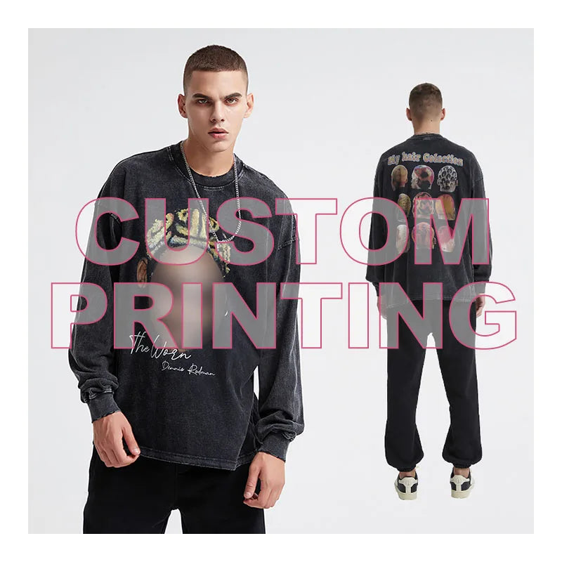With Popular Price Mens Long Sleeve Cotton T-shirts Custom Acid Wash Men's Hip Hop Printing t Shirt
