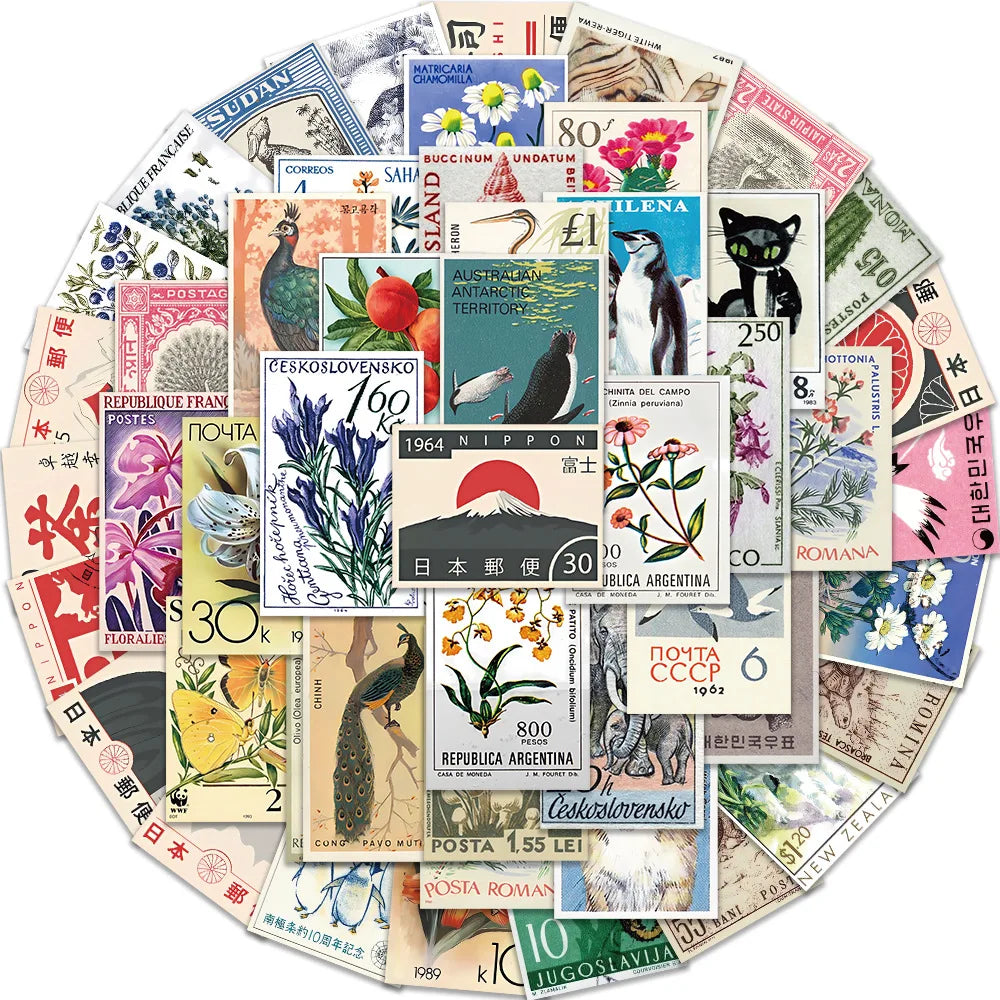 50Pcs Classic Japanese Stamps Graffiti Stickers for Luggage Book Vinyl Vintage Cartoon Postage Stamp Sticker