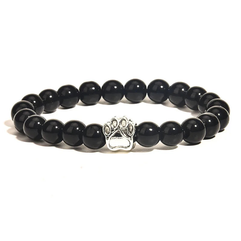 Vintage Black Onyx Dog Charm Beaded Bracelets Unisex Elastic Stretch Paw Geometric Number Pattern Gold Copper Zinc Alloy Gift
