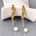 DAIHE Waterproof Stainless Steel 18k Gold Plated Women Jewelry Two Stone Freshwater Pearl Pendant Earrings Non Tarnish