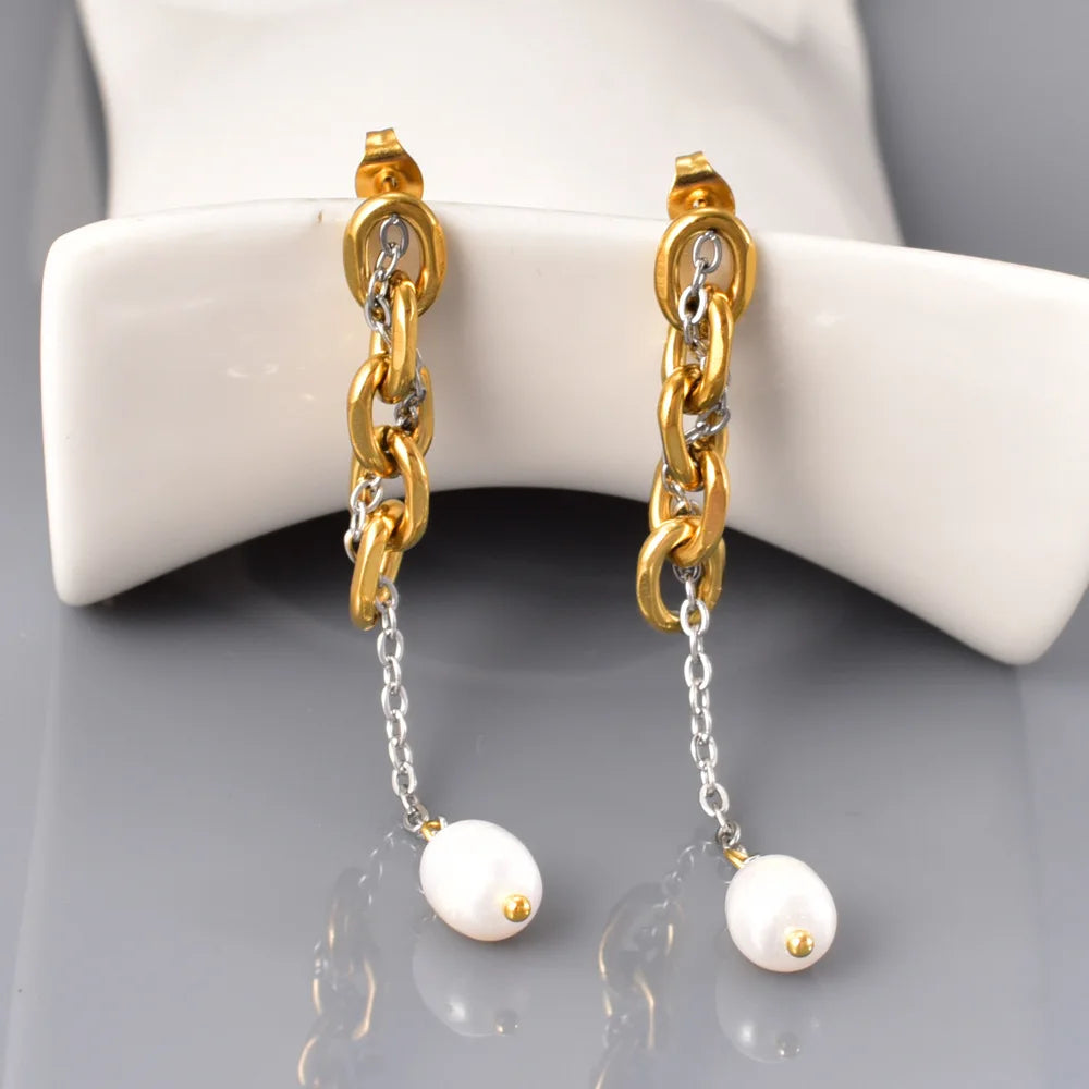 DAIHE Waterproof Stainless Steel 18k Gold Plated Women Jewelry Two Stone Freshwater Pearl Pendant Earrings Non Tarnish