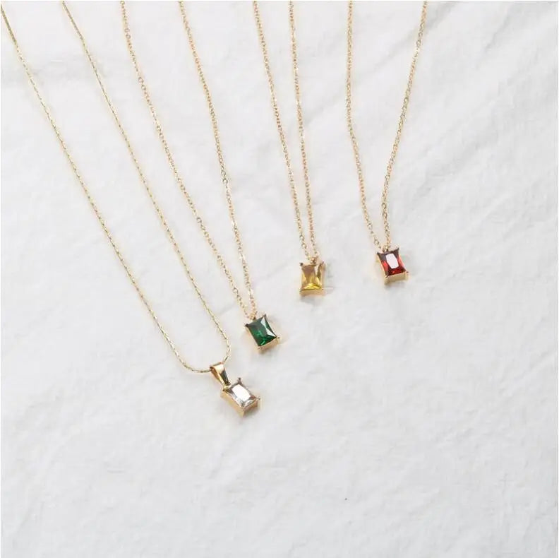 Stainless Steel Minimalist Tiny Diamond Earrings Green Black Multi Color CZ Zirconia Rectangle Stone Pendant Necklace