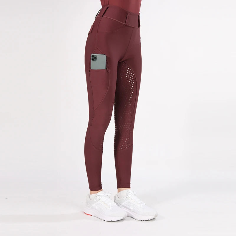 1pc Burgundy Full Seat Silicone Grip Printing Horse Riding Legging Tights With Phone Pocket Quick Dry Equestrian Breeches Pants