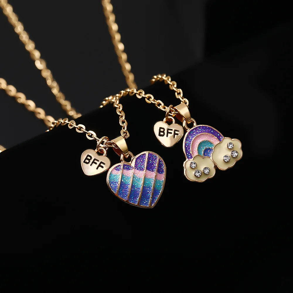 Kids Enamel BFF Friendship Couple Necklace Best Friends Forever Rainbow Heart Pendant Necklace Children Girls Gift Jewelry