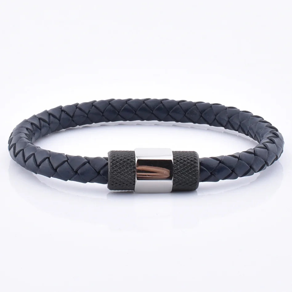 Wholesale New Product Stainless Navy Blue Men's Magnetic Stainless Steel Clasp Leather Bracelet