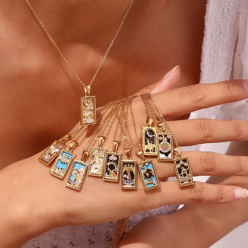 Trendy 18K Gold Plated Stainless Steel Necklaces Square Colorful Enamel Zircon Tarot Cards Pendant Necklace for Women