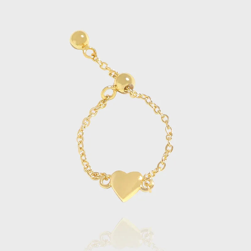 Personalized 925 Sterling Silver Gold Plating Heart Chain Adjustable Finger Ring for Women Wholesale