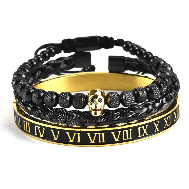 Fashion Luxury Jewelry Stacked Crystal Bead Gold Skull Crown Ball Charm Stainless Steel Bracelet Sets For Women Men