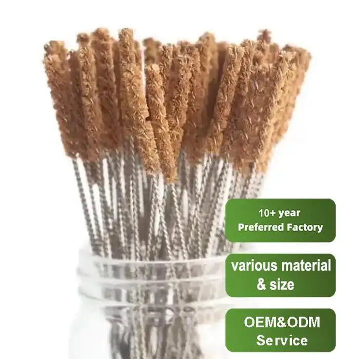 Wholesale Reusable Eco-friendly Metal Cotton Drinking Straw Cleaner Sisal Coconut Shell Bristle Straw Cleaning Brush