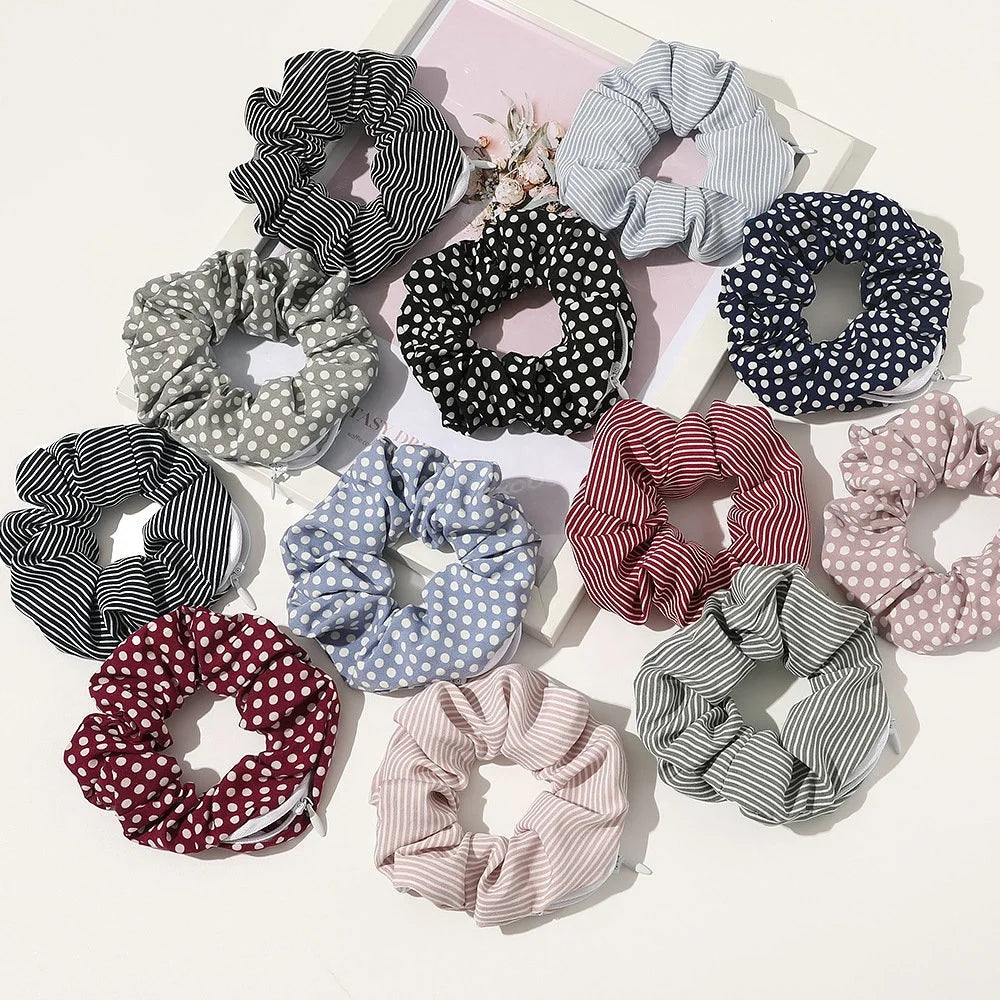 Ziming New Designed Spot Stripe Leopard and Pure Satin Silk Effect Fabric Zipper Pocket Elastic Hair Scrunchies Hair Tie
