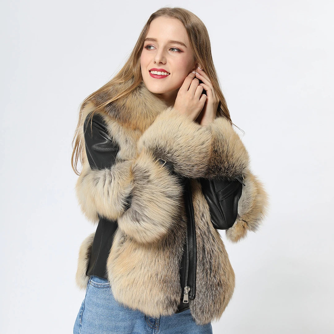 Winter Thick Warm Fox Fur Coat Women Real Fox Fur Leather Jacket