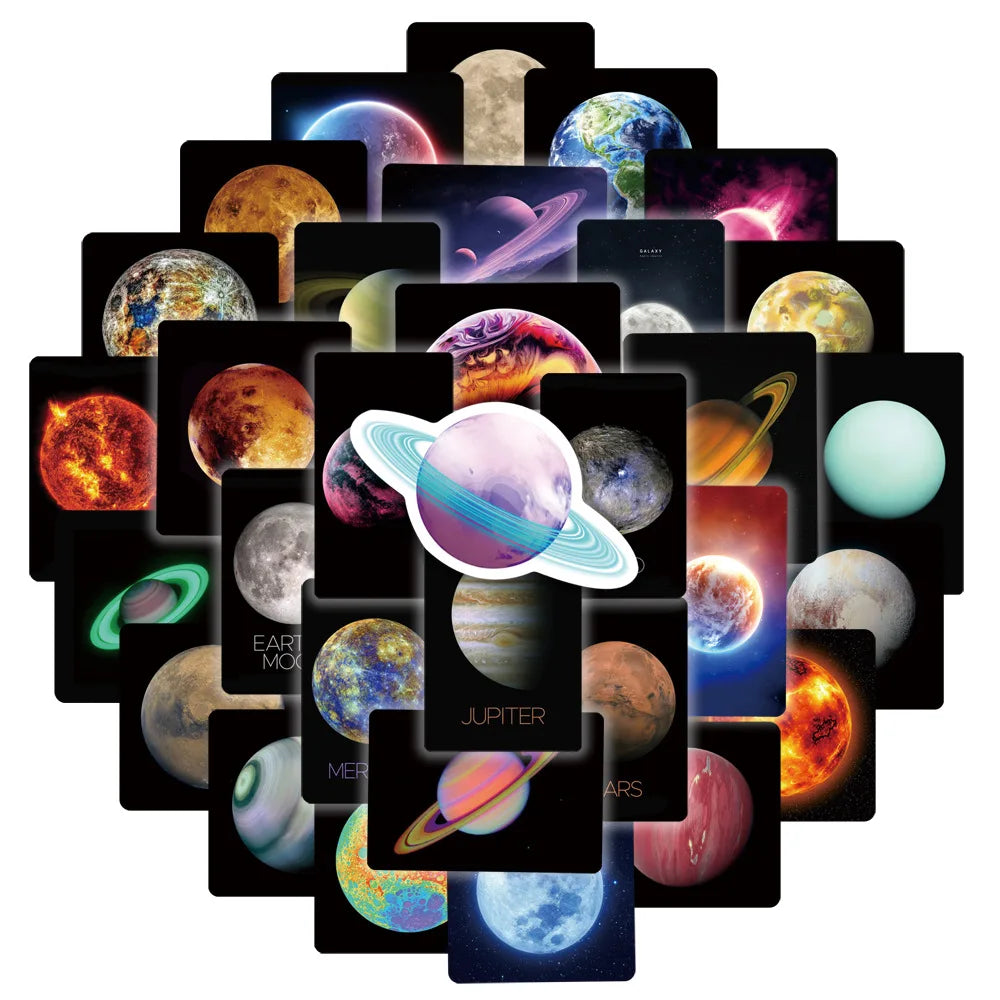50Pcs Cool Universe Galaxy Planet Graffiti Stickers for Car Laptop Bottle PVC Vinyl Cartoon Darkness Space Sticker