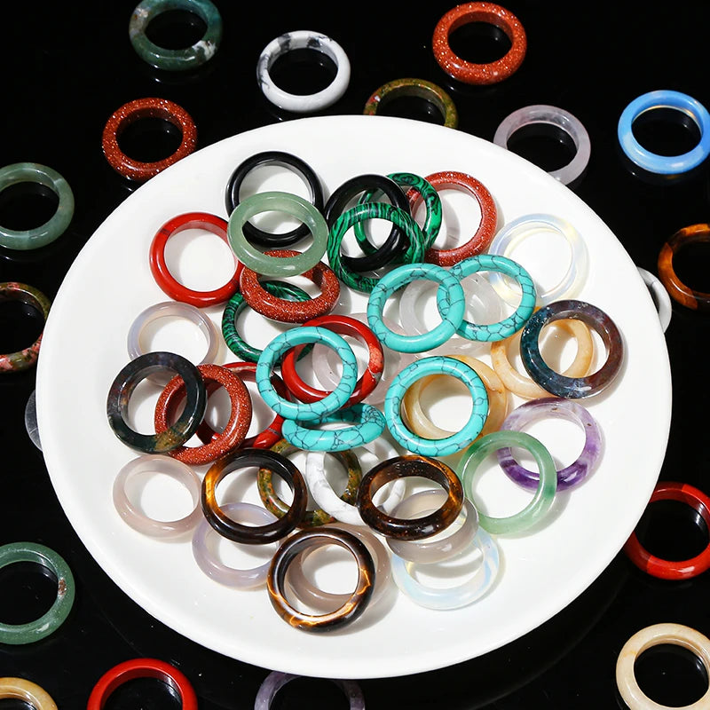 JD Wholesale Natural Semi-precious Stone Ring Smoothy Mixed Color AgateTiger Eyes Stone Green Aventurine Finger Rings