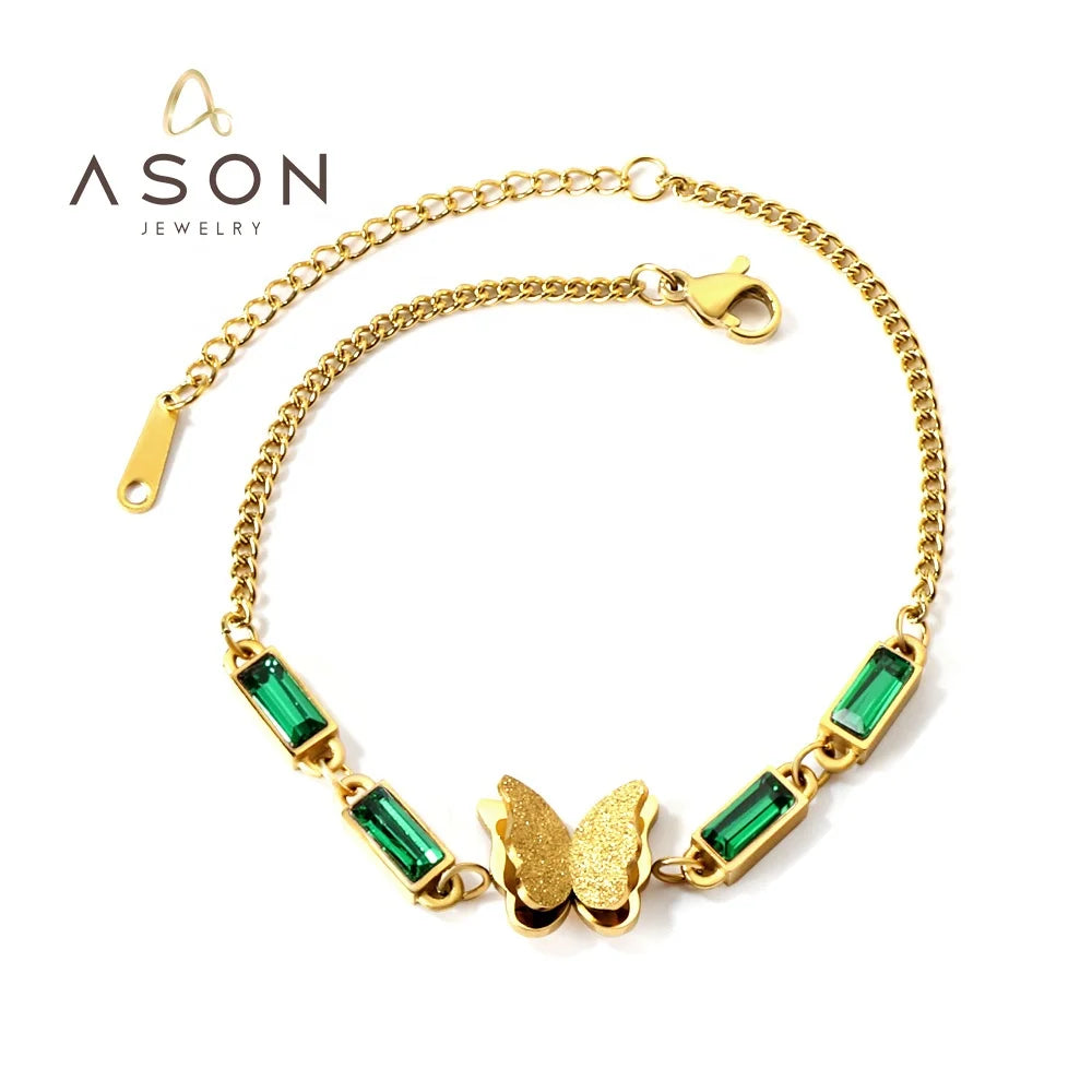 Ason Jewelry Gold Stainless Steel Wholesale Gemstone Bracelets Personalized Womens Crystal Butterfly Bridal Bracelet Wedding