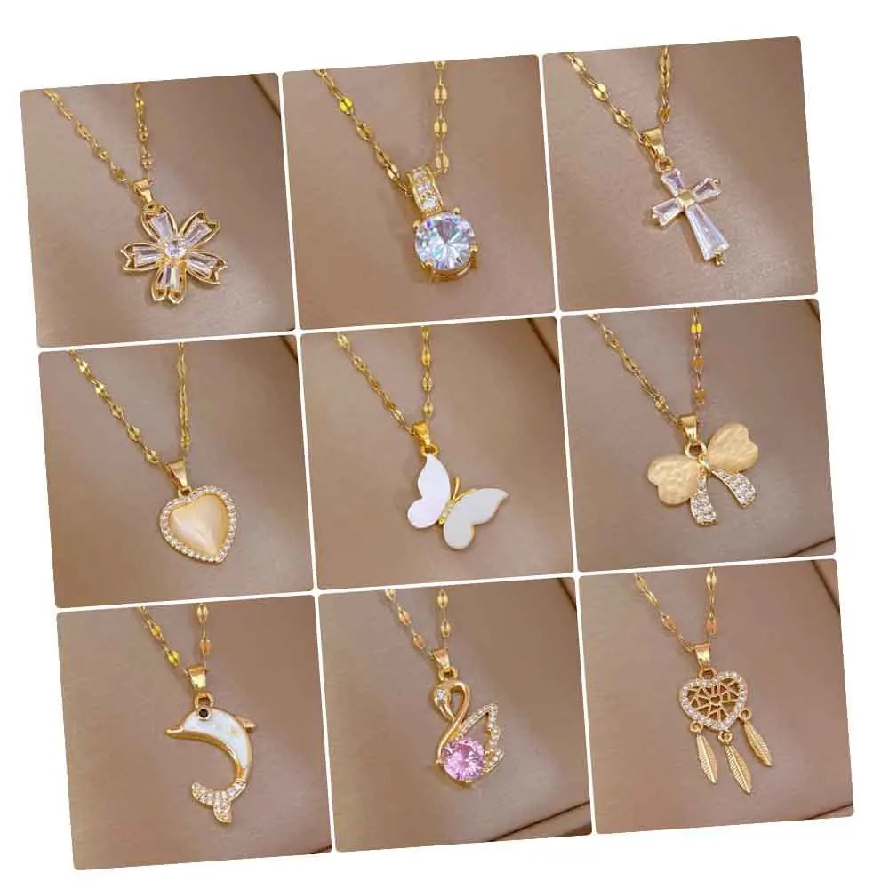 63 Model 18k Real Gold Plated Zircon Flower Cross Necklace Stainless Steel Opal Heart Butterfly Pendant Necklace