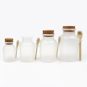 Free Sample 100ml 200ml 300ml ABS Frosted clear Bath Salt Bottle with Wooden Lids Wooden Spoon for Body Scrub in Stock