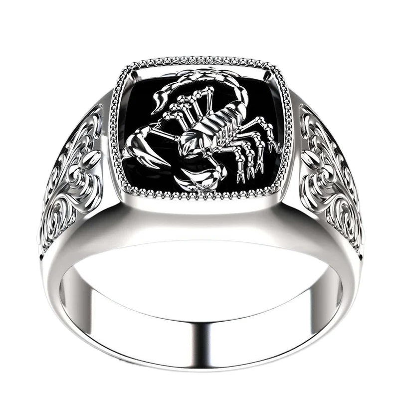 Exquisite Pattern Personalized Antique Silver Plated Alloy Scorpion Shape Epoxy Black Ring Hand Jewelry