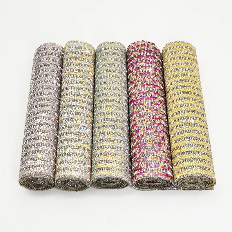 Hot Sale Self-Adhesive 24*100cm Rhinestone Bead Sequin Sheet Iron Designer Rhinestone Trimming Sticker for Clothes Shoes Bags