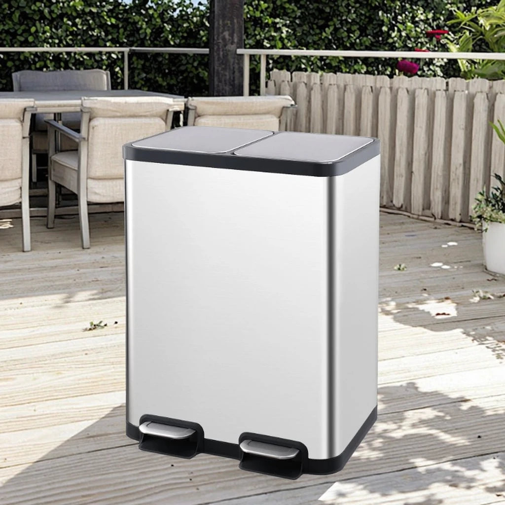Iintelli 50L Stainless Steel Rectangular Double Trash Can Household Standing Bin with Soft-Close Foot Pedal Large Capacity