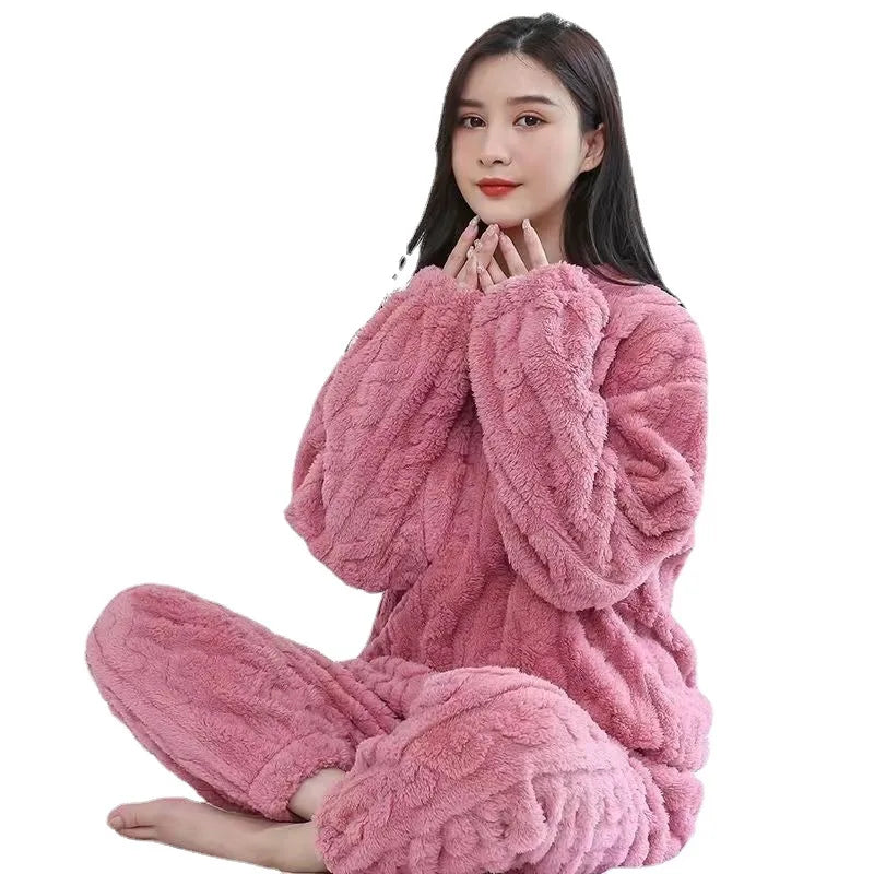 Coral Fleece Pajamas Women's Autumn and Winter New Fleece-lined Thickened Super Thick Fleece Winter Home Wear Two-piece Suit