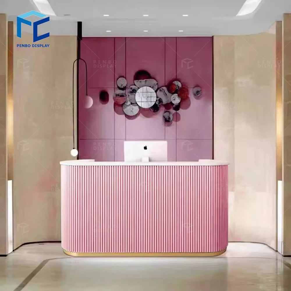 Luxury Pink Reception Desk Beauty Hair Salon Cashier Counter Small Clinic Reception Desk for Nail Salon MegaBDM