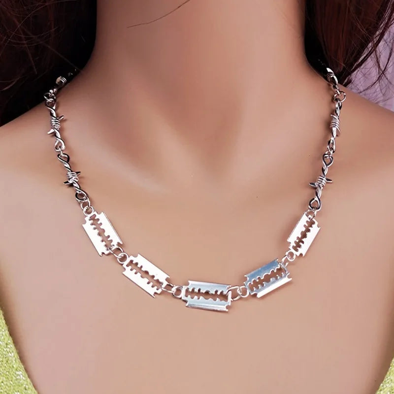 Hip Hop Punk Jewelry Stainless Steel Necklace Statement Blade Shape Barbed Wire Necklace for Women Men
