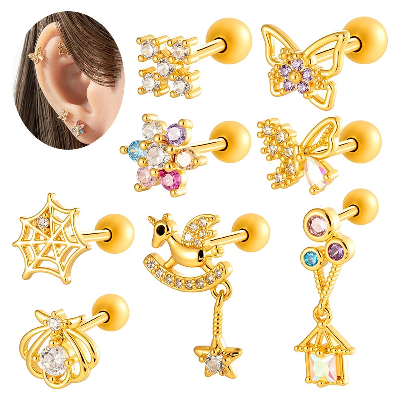 Hengsen Gold Cartilage Earrings Flower Butterfly Cz Dangle Long Pendant Ball Back Stud Earring Helix Tragus Piercing Jewelry
