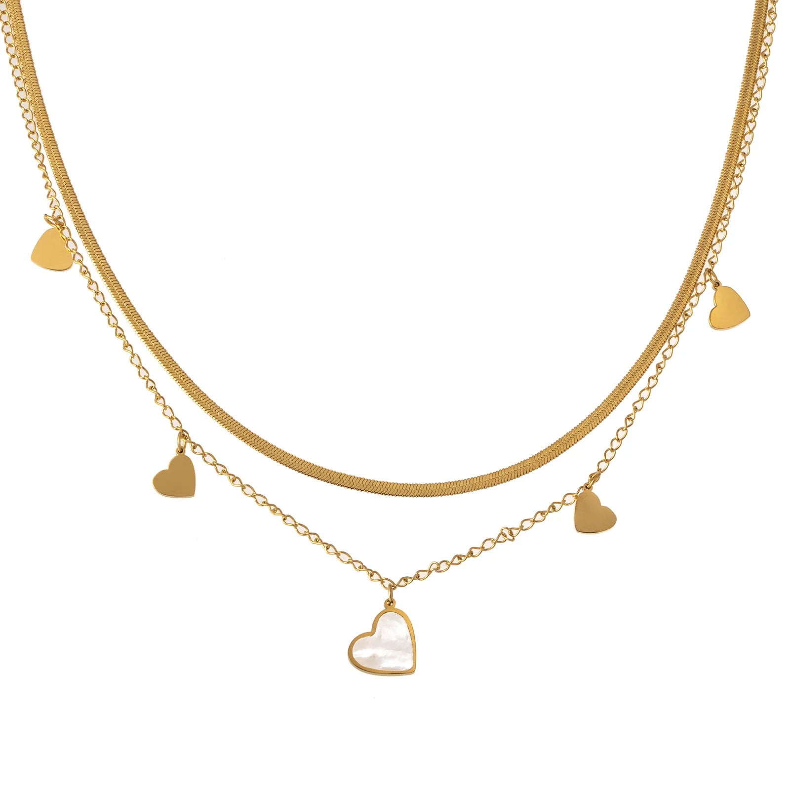 Ivanda Stainless Steel Waterproof Jewelry 18k Gold-plated PVD Heart Charms Double Layer Chain Necklaces