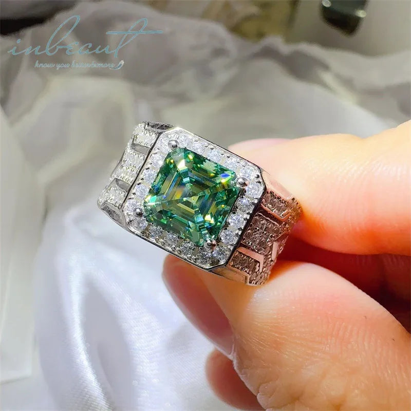 New Arrival Silver 925 Original 1-2 Carat Brilliant Radiant Cut Pass Diamond Test Sparkling Green Moissanite Ring for Men Women