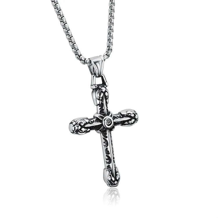 Custom Cubic Zirconia Diamond Inlay Cross Necklace Mens Silver Stainless Steel Cross Fine Pendant for Mother's Day Gift Jewelry