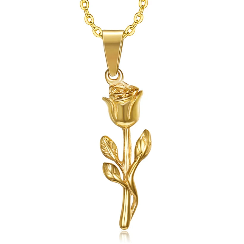 2025 Hot Fashion Anniversary Jewelry Gift Stainless Steel Rose Flower Pendant Necklace Gold Plated Rose Charm Necklace Women