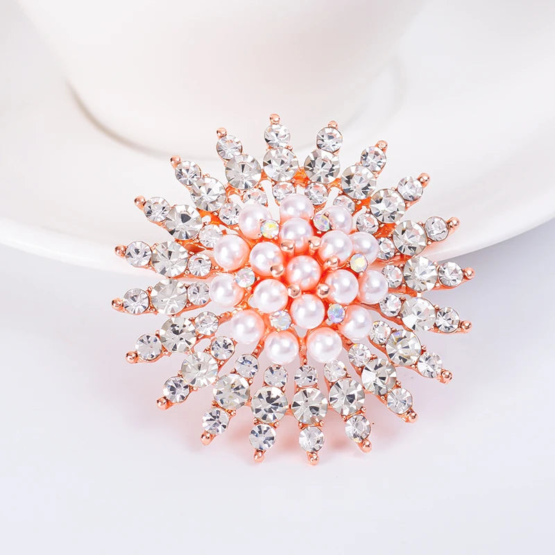 Korean Ins Crystal Sunflower Brooch Hijab Pin Faux Pearl Flower Rhinestones Brooches Pins Accessory