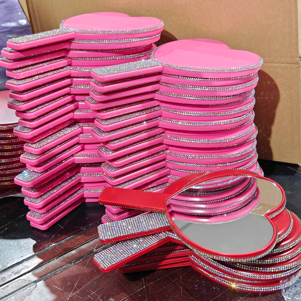 Heart Shape Makeup Mirror With Rhinestone Wholesale Purple Red Pink Handheld Cosmetic Private Label Small Hand Mirrors
