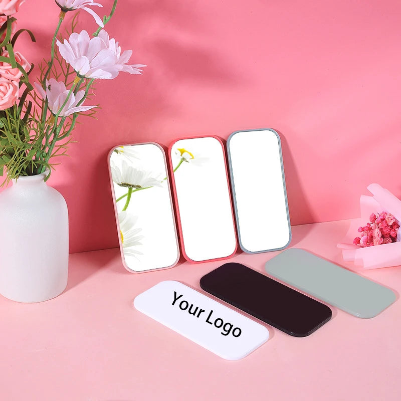 Zonyin Custom Logo Rectangle Makeup Handheld Hand Mirror White Pink Portable Cosmetic Plastic Mini Pocket Travel Mirror