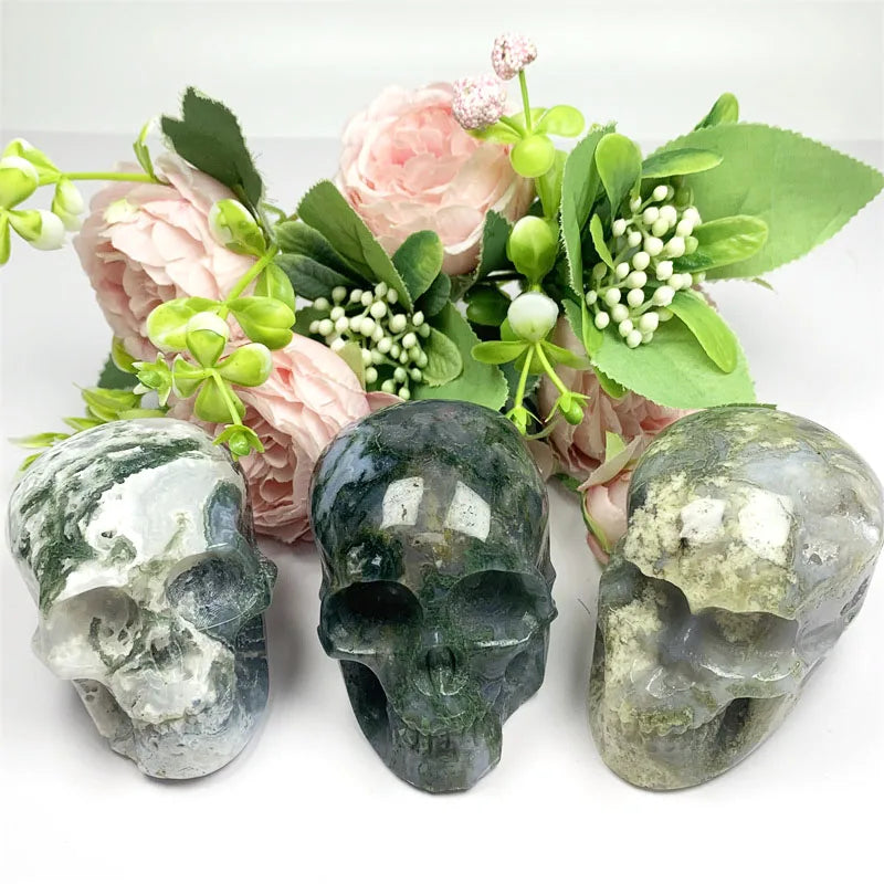 Wholesale Natural Healing Quartz Crystal Gemstone Moss Agate Skulls for Home Decoration
