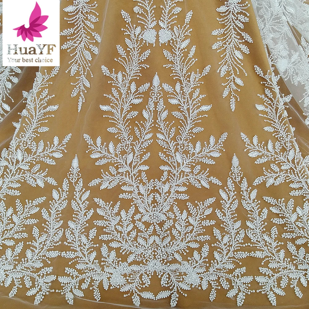 HY2827 New White 3d Beaded Pearls Wedding Lace With Sequins Leavy Embroidery Bridal Dress Fabric