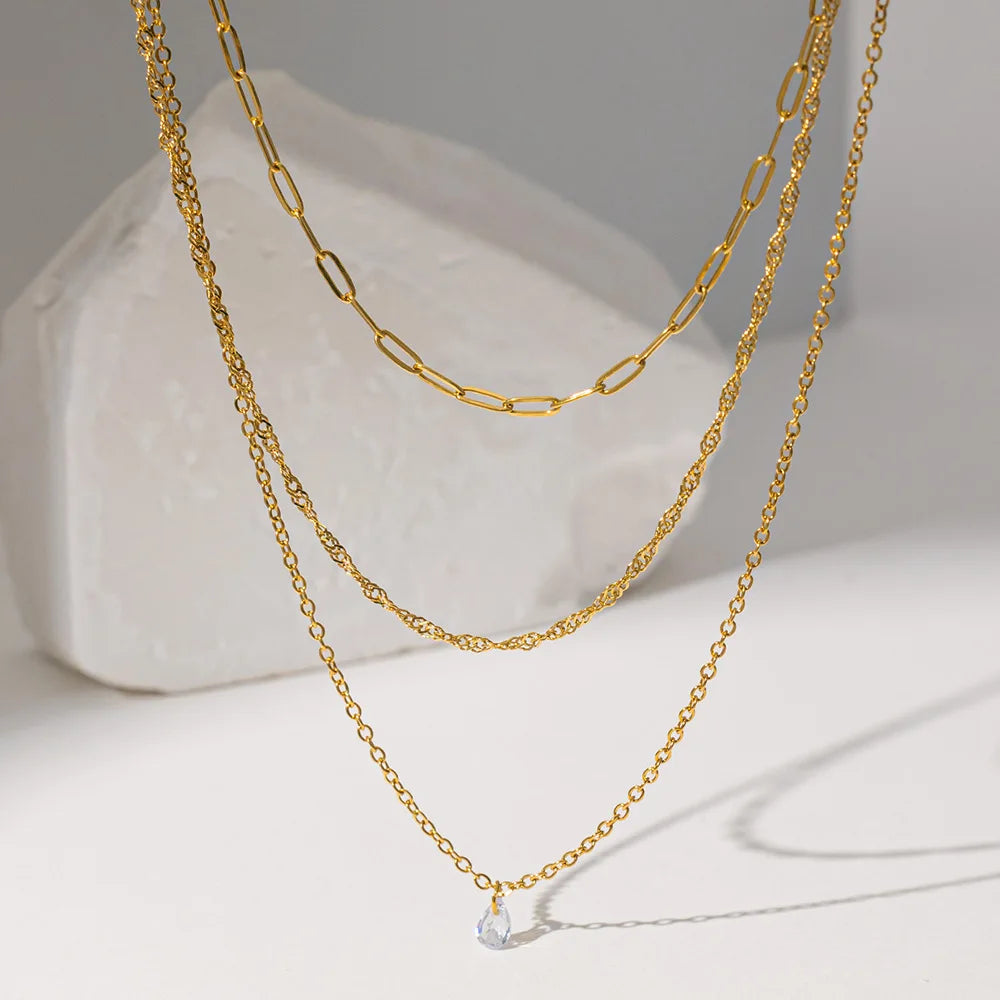 3 Layer Stainless Steel Necklace Light Luxury 18k Gold Plated Not Fade Necklace Collarbone Chain Inlaid Zircon Cross for Women