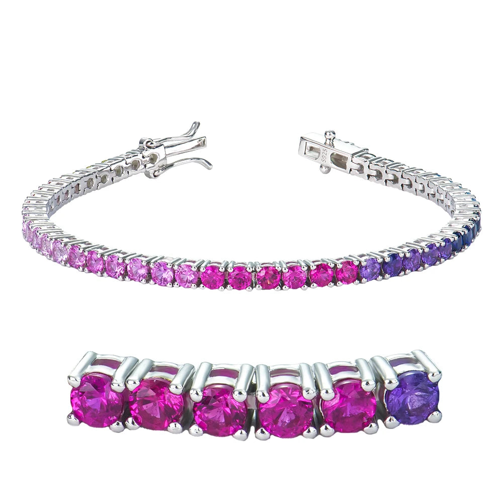 Trendy Jewelry 925 Sterling Silver Chain 3mm Round Brilliant Cut Synthetic Gradual Change Rainbow Color Corundum Tennis Bracelet