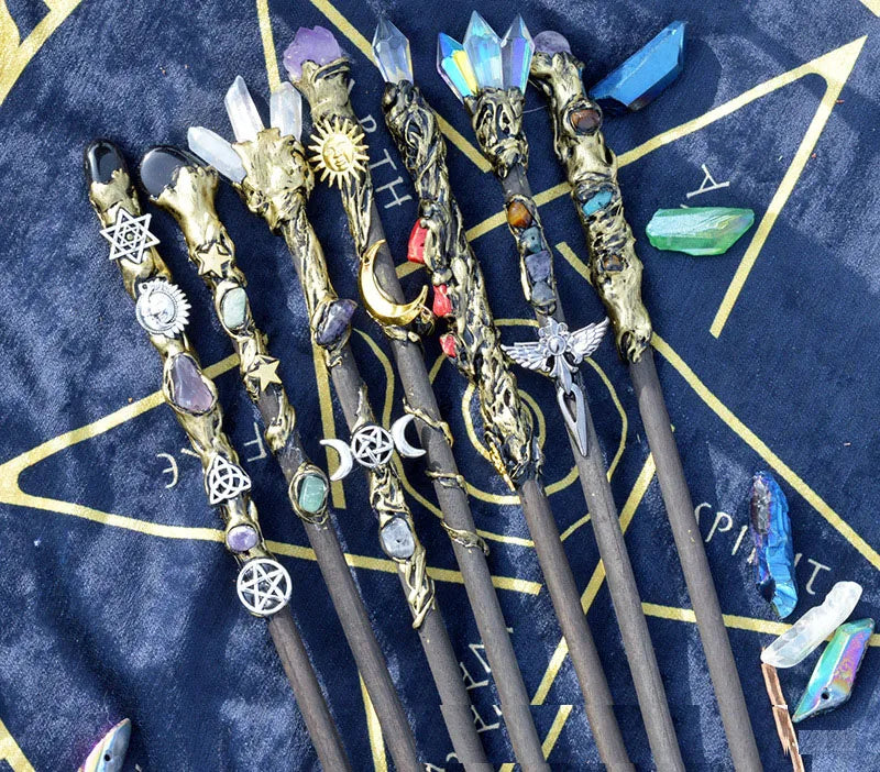 New Single-headed Crystal Scepter Amethyst element fairy Stick Wooden Handicraft Moon Sun Accessories Magic Stick