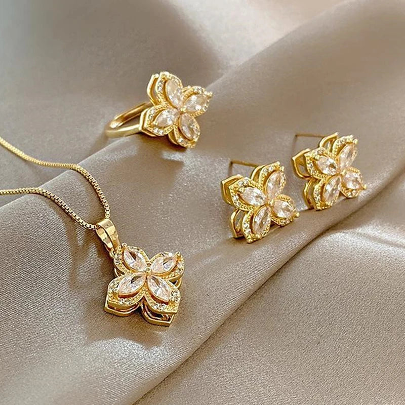 Creative Ring Necklace Earrings Jewelry Rotatable Cubic Zircon Jewelry Silver Gold Flower Pendant Jewelry Set Gifts for Women