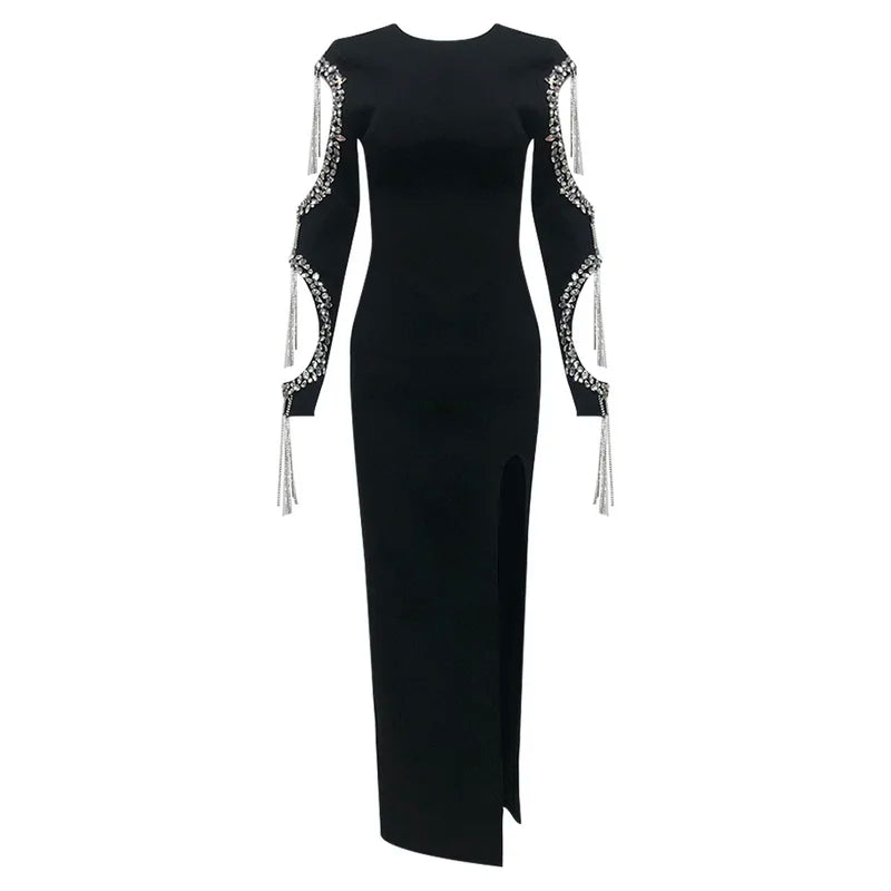 C3714 Factory Manufacturer Beaded Women Knitted Long Dress Long Sleeves Black Women Party Dress