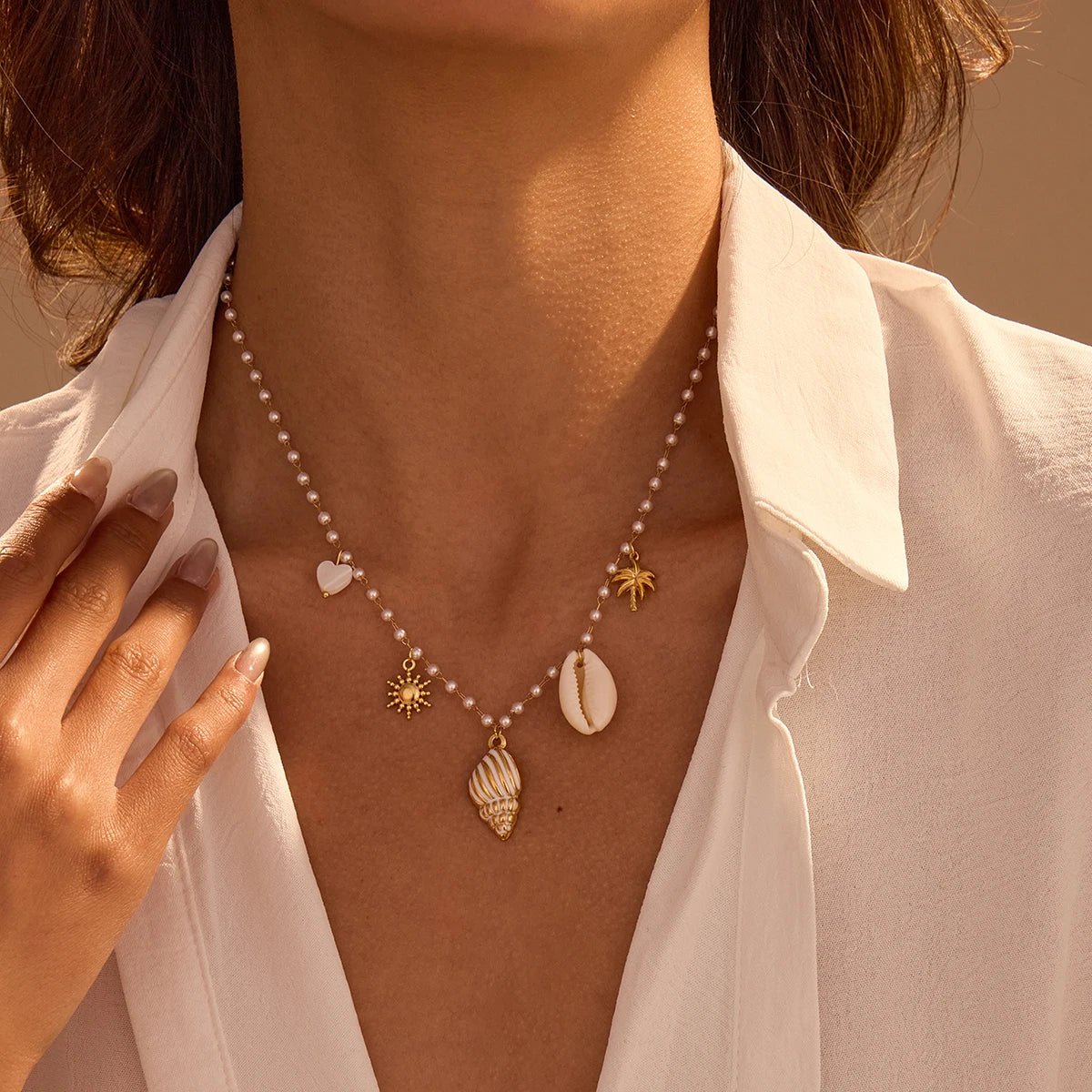 Summer Jewelry Stainless Steel NIMAI Women's  Heart Conch Sun Flower Coconut Tree Pendant Pearl Bead Necklace Neck Chain Women