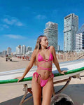 Manufacturer Custom LOGO Pink Women's Fashion Triangle Eco-Friendly Striped Print V-String Micro Bikini Set